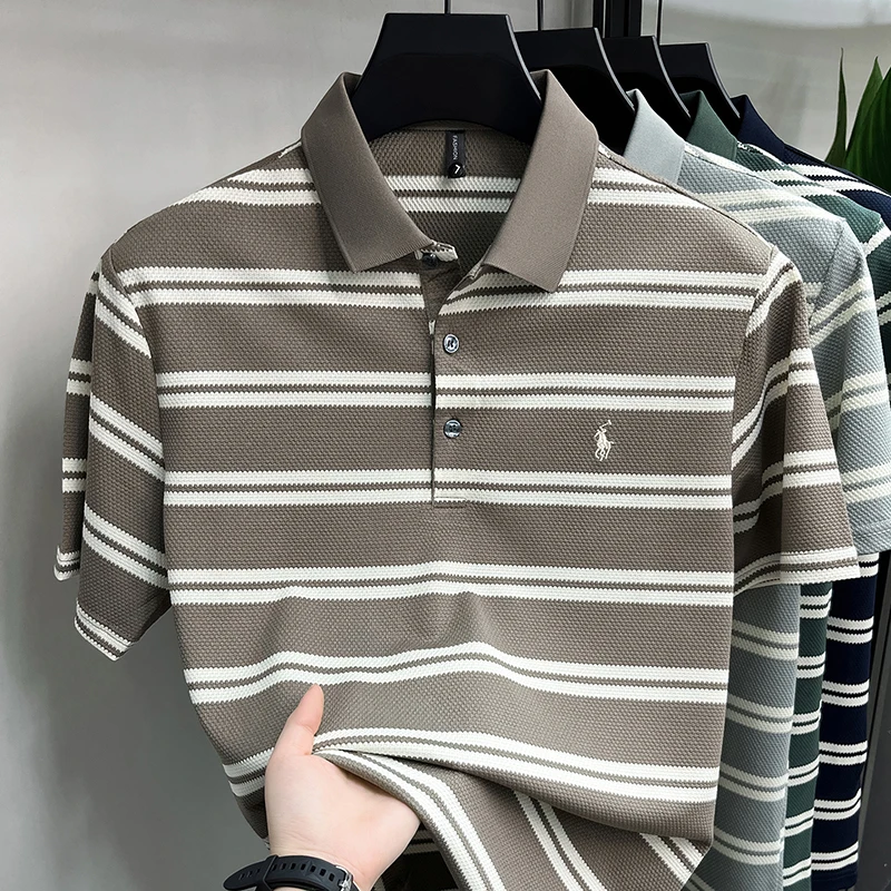 Hochwertiges Luxus-Herren-Poloshirt aus Reiner Baumwolle Kurzarm Sommer Neu Besticktes Gestreiftes T-Shirt Business Casual Atmungsaktives Oberteil