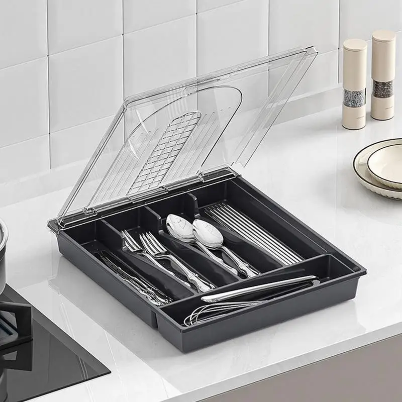 Flatware Cutlery Holder  With Grids  Silverware Drawer Organizer Multifunctional Lid-Enclosed Utensil Tray Kitchen Accessories