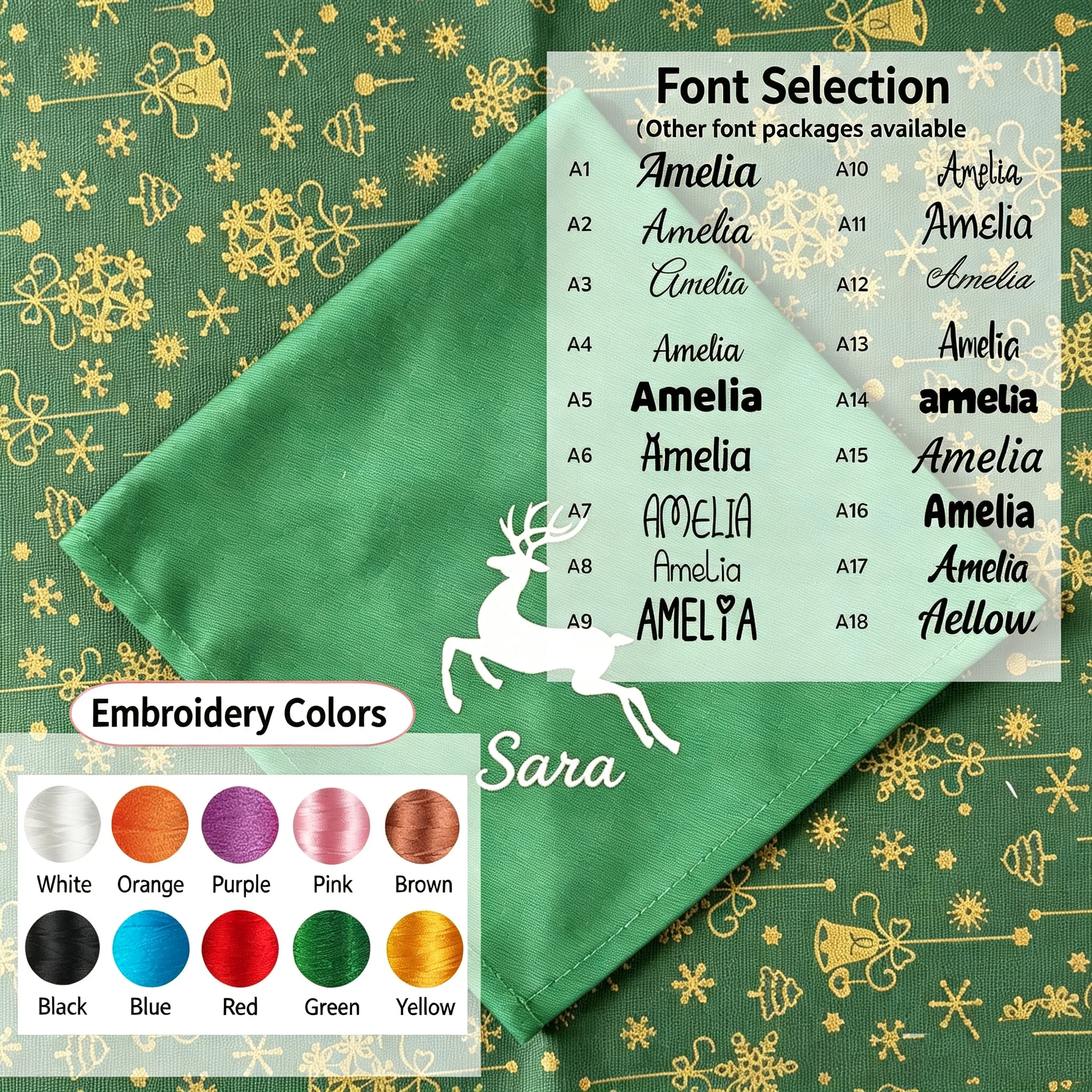 Custom Embroidered Christmas Napkins, Personalized Name Cotton Table Napkin, Xmas Tree Reindeer Snowflake Pattern for Holiday Ta