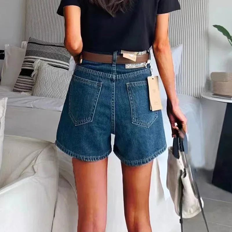 Woman High Waist Vintage Wide Leg Jeans Female Y2k 2000s Streetwear Pants Girls Fashion Retro Blue Light Blue Baggy Denim Shorts