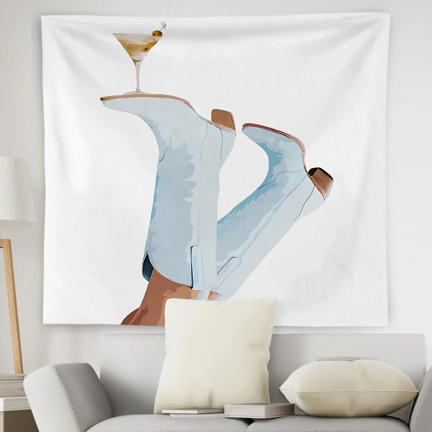 Cowboy Boots Tapestry - Martini Glass Wall Art, Western Chic Decor, Blue Fashion Hanging, Bedroom Dorm, Multiple Sizes
