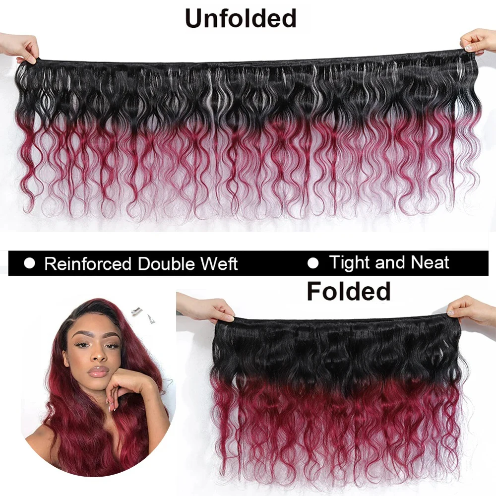 Brazilian Body Wave Hair Weave Bundles, Ombre Colorido, 100% Extensão do Cabelo Humano, Loira Ondulada, Remy Hair Weaving, Borgonha, 1b 99j