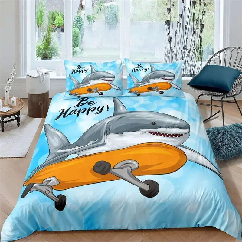 Blue and White Cartoon Shark Fish Print Kids Duvet Cover Boys Girls Luxury Room Decoration for Children Teens Gift Queen Size