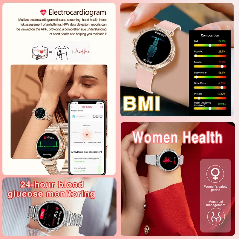 2024 New Women Medical Grade Smart Watch Blood Glucose Uric Acid Blood Lipid Menstrual Health Tester BT Talking smartwatch Women