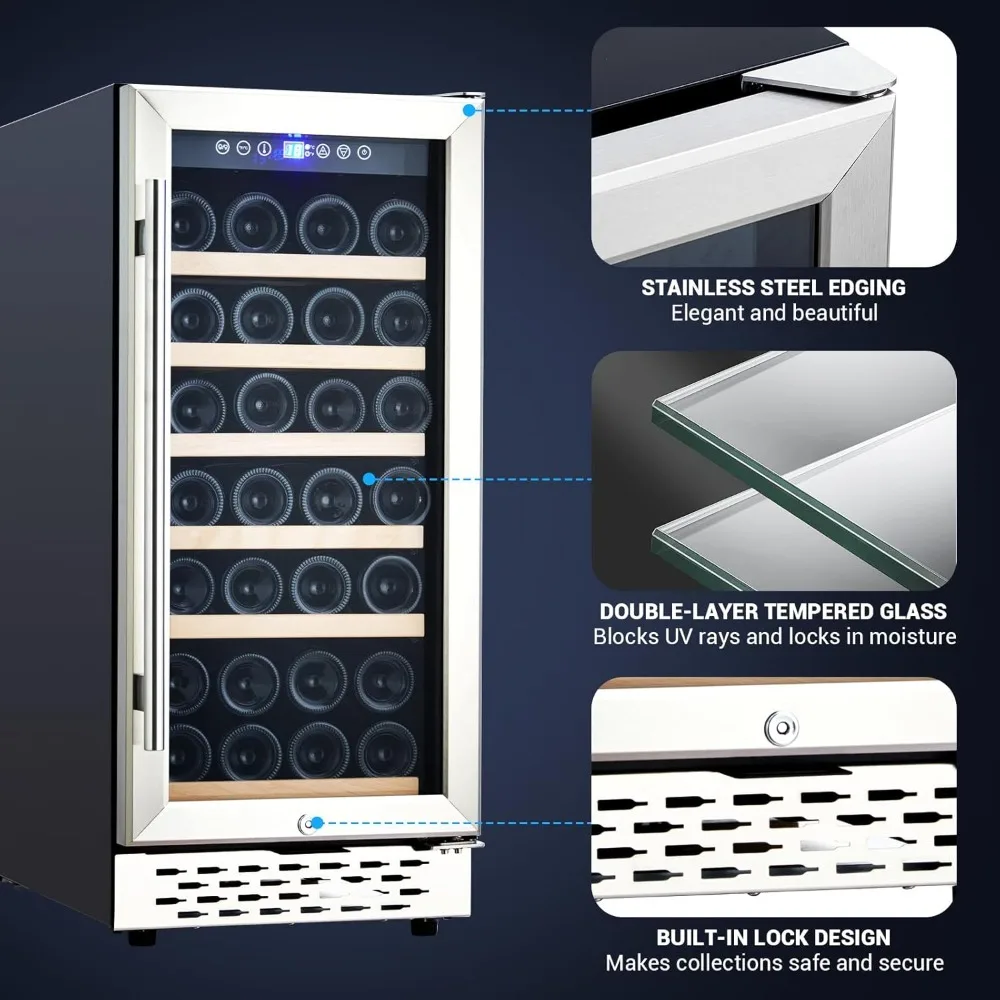 15インチワイン冷蔵庫、28本ワインクーラー冷蔵庫ビルトインまたは自立型、二層式ワイン冷蔵庫