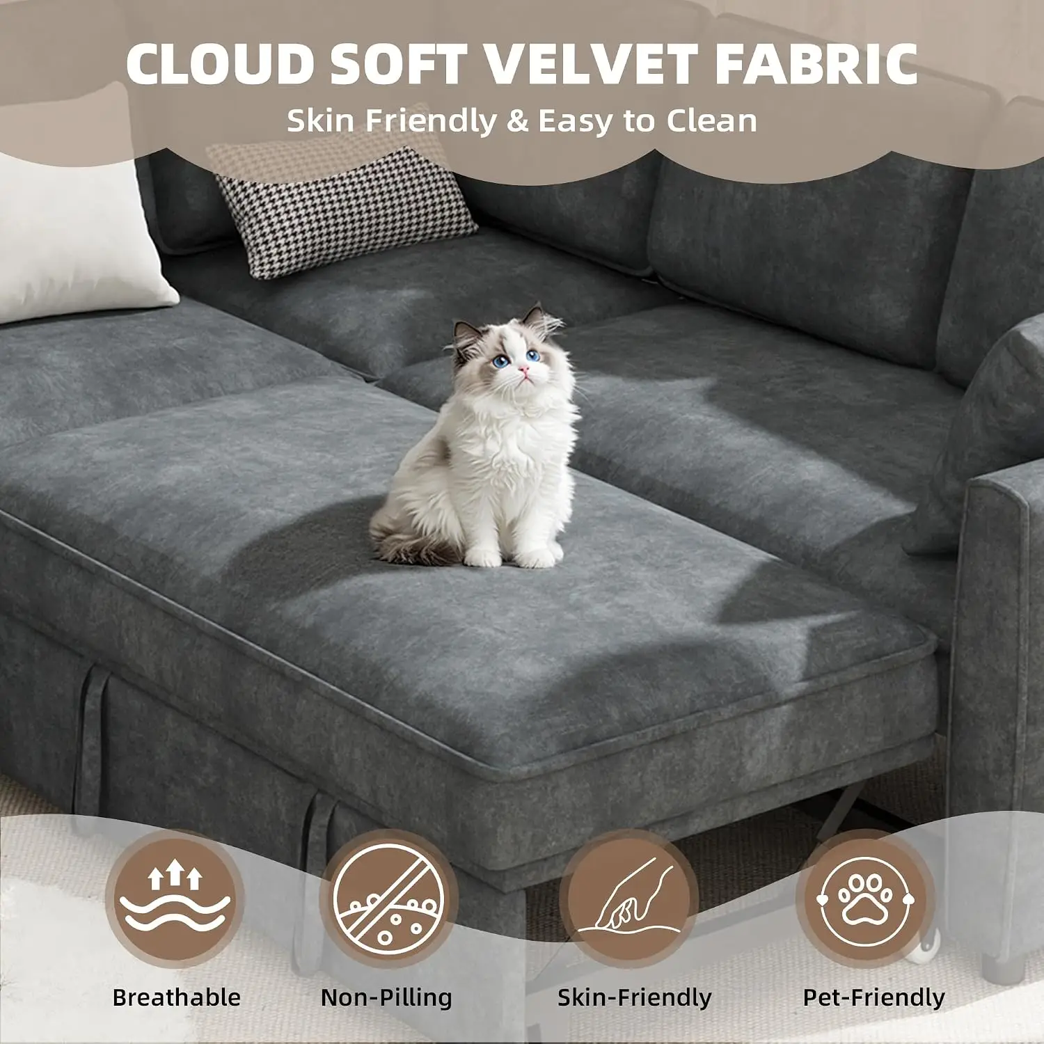 L Shaped Sectional Sofa with Pull Out Bed & USB Ports, Velvet Modular Sleeper with Throw Pillows for Living Room, Customized