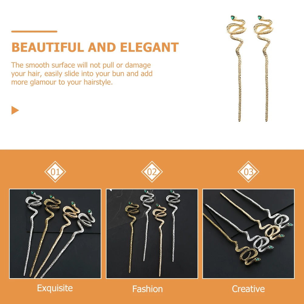 

2pcs Snake Hair Sticks Zinc Alloy Durable Anti-Scratch Hair Forks Rhinestone Elegant Bun Accessories For Cosplay Costume Party