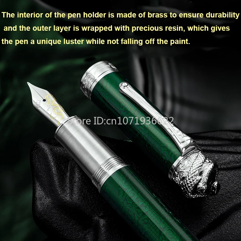 Hongdian N25 Ular Tahun Terbatas Resin Logam Hijau/Biru Pena Piston Ular Permata Pena Klip NO.6 Ujung Pena Hadiah Menulis Siswa Bisnis