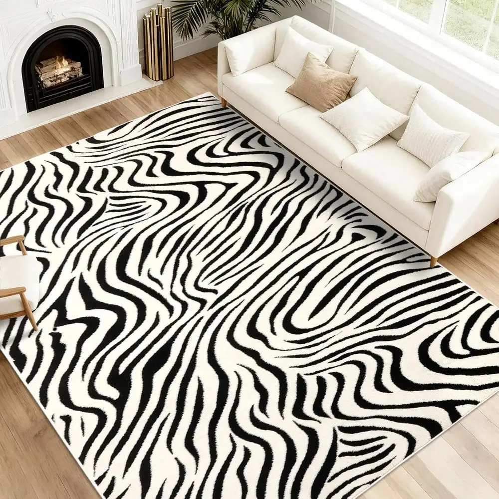 

Washable Modern Rug - Abstract Black & Cream for Living Room, Bedroom, Dining & More