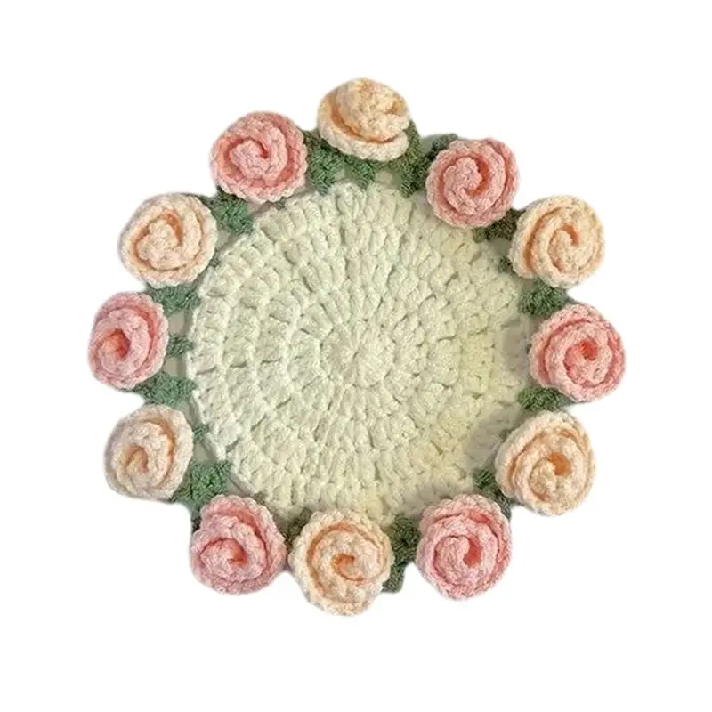 ABJI-For Cup For Coffee Flower Desk Coasters Tea Mini Crochet Flowers Bouquet Decoration A