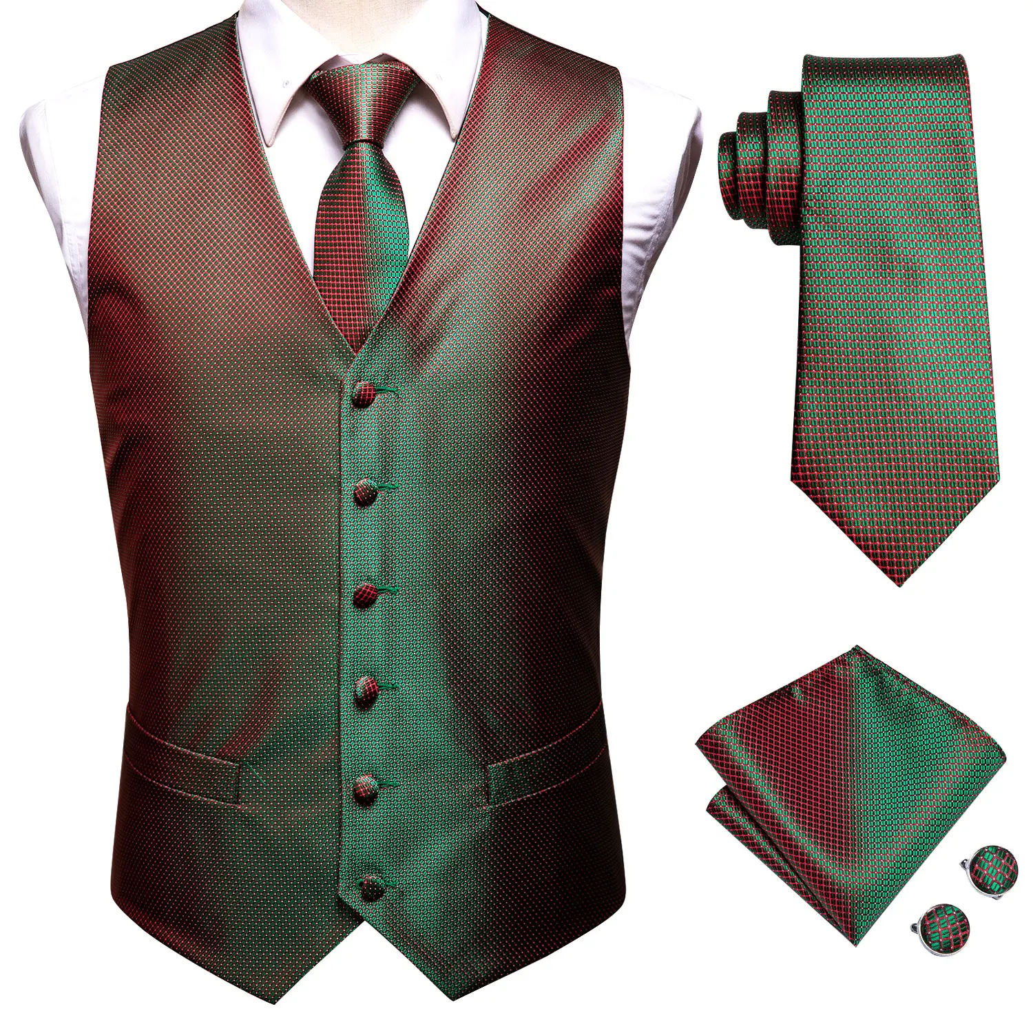 Green Red Gradient Textured V-Neck Vest 4Pcs Outfit Tie Pocket Square Cufflinks For Stage Show Theme Party