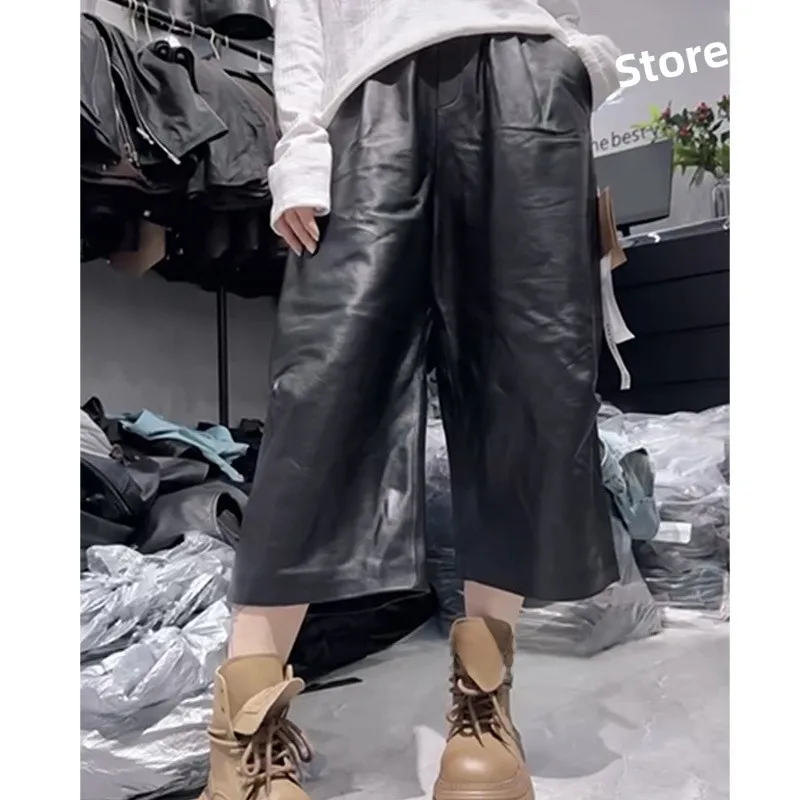 

Pure Leather Seven-Foot Pants Women's High Waist Straight Leg Wide Leg Pants Faionable Long Trousers eepskin Leather
