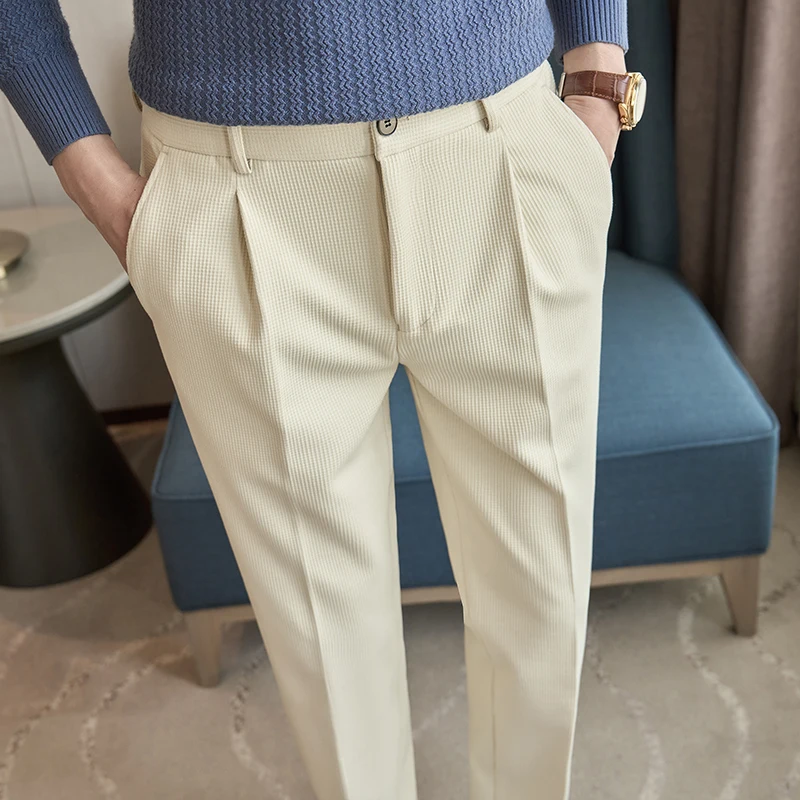 Pantaloni da abito casual da lavoro in lana autunno inverno uomo moda strisce di particelle pantaloni lunghi slim fit uomo nero kaki beige