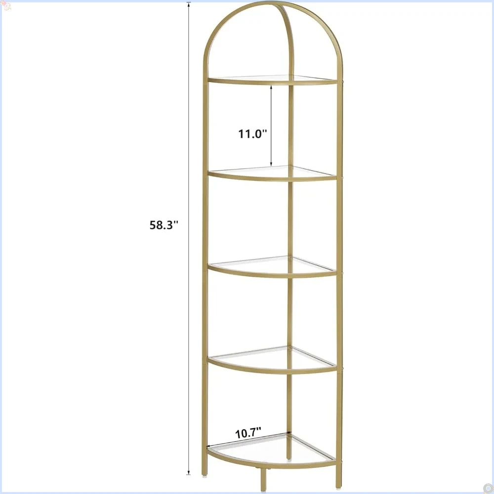

Five-tier corner shelf, metal corner bookshelf, tempered glass shelves, bathroom shelf, plant stand, modern style, gold.