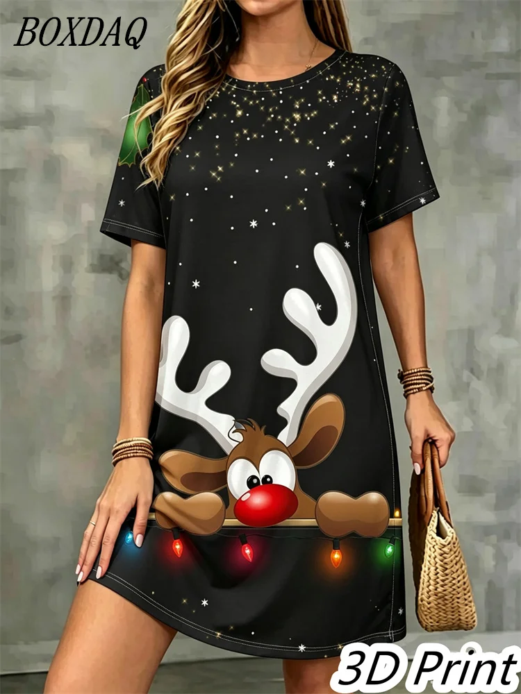 Fashion Elegant Christmas Printed Dress For Women Short Sleeve O-Neck Christmas Deer Pattern Loose Mini Dress Casual Dress Femme