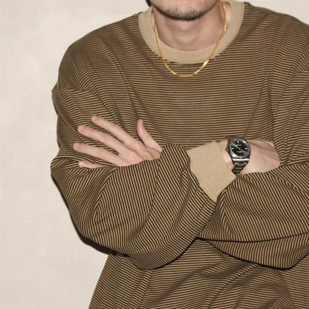 

2025 зимняя новая мужская полосатая футболка с длинными рукавами, американская ретро-мода, модный уличный повседневный свободный нишевый мужской топ