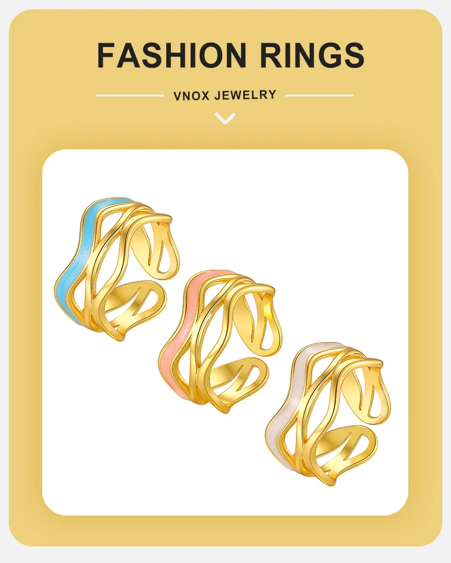 Vnox 18K PVD vergoldete gewellte Öltropfen-Offenringe für Damen, geometrischer, unregelmäßiger Emaille-Ring aus Edelstahl, eleganter Schmuck – Detail 1
