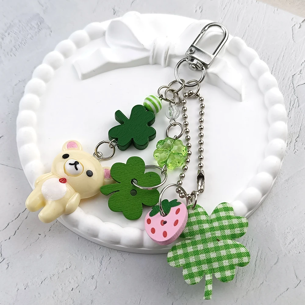 Rilakkuma Handmade Resin Clover Strawberry Cute Keychain Vintage Kawaii Y2K Aesthetic Cellphone Strap Bag Charm Keyring Gift
