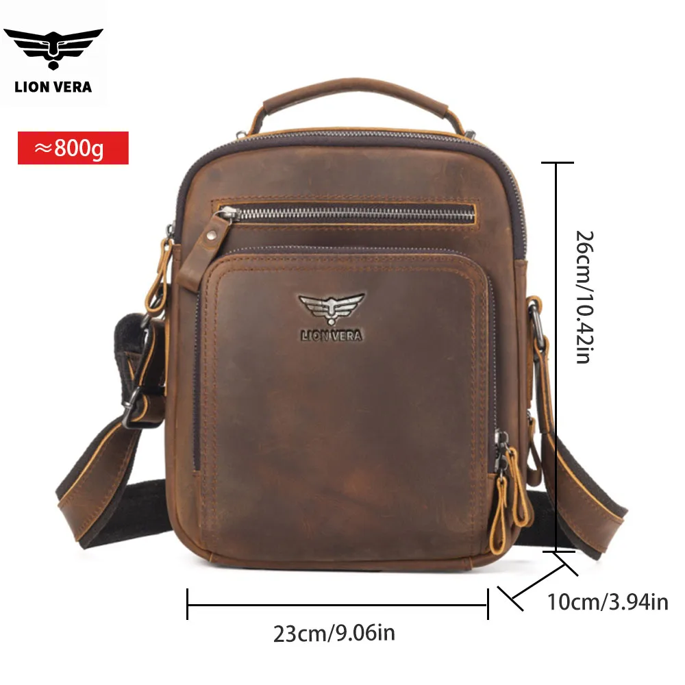 LION VERA Men's Shoulder Bag Crazy Horse Leather Multi layer Large Capacity Crossbody Bag Business Handbag Leisure Messenger Bag view 2
