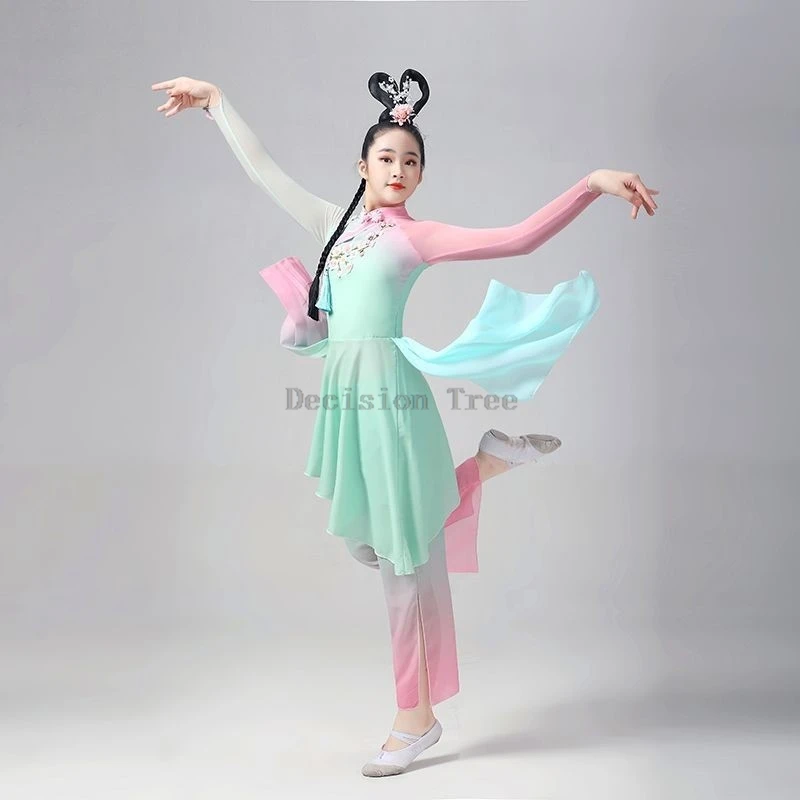 children's long sleeved top pants 2-piece set kids classical dance stage performance costume girls' chinese folk dance costume