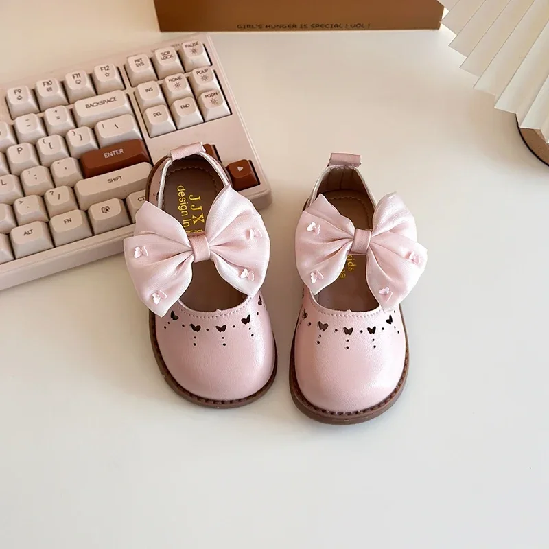 

Children Spring Autumn Girls Fashion Bow PU Leather Shoes Princess School Student Hollow Bow Flats Size 21-30