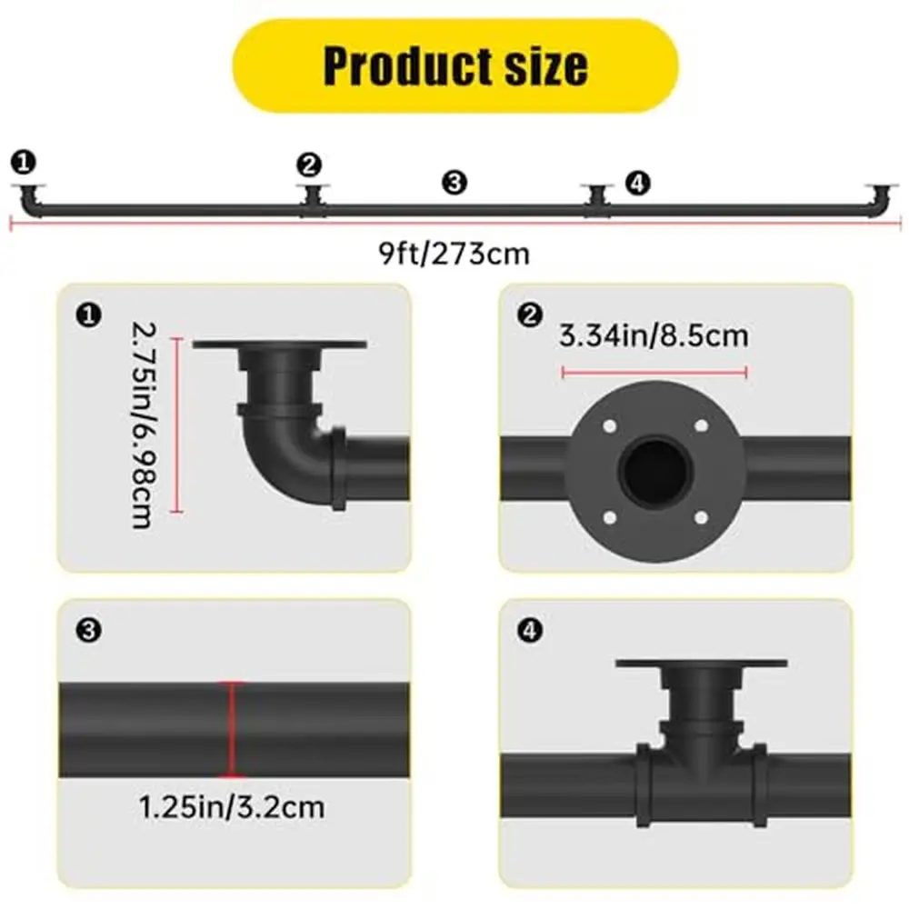 9FT สีดําท่อเหล็กอุตสาหกรรม Handrail บันได Loft Porch กลางแจ้งในร่มความปลอดภัยราววิลล่าบาร์และอพาร์ทเมนท์ Easy DIY