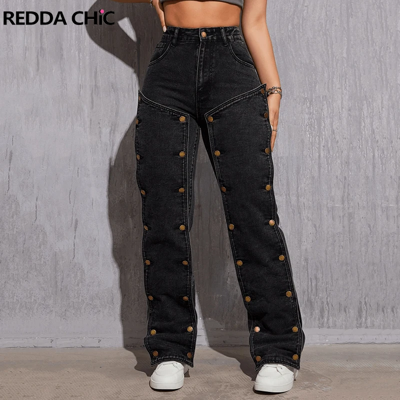 

ReddaChic Irregular Buttoned Up Straight Jeans Women Vintage Wash Black Low Waist Cargo Pants Hiphop Trousers E-girl Streetwear