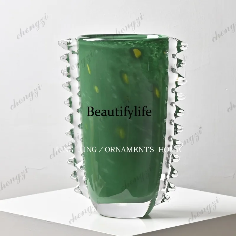 Creative serrated lace glazed flat mouth vase living room entrance dining table glass vase ornament