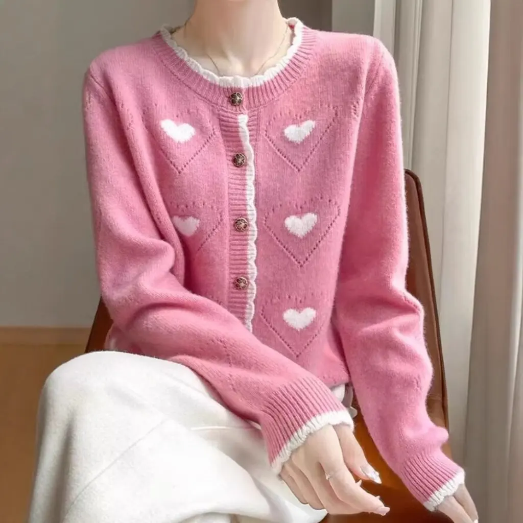 

Женский кардиган с круглым вырезом, весна-осень, цветной вязаный свитер в форме сердца, вязаный крючком, свободная куртка из искусственной шерсти