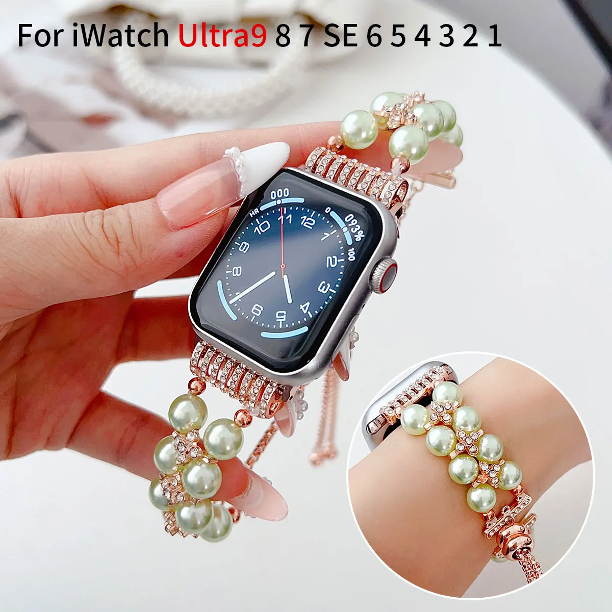 

Double row Pearl strap for Apple Watch 40mm strap 44 38 42 S10 45 46mm Fashion strap iwatch 9 87654SE32 Pearl strap