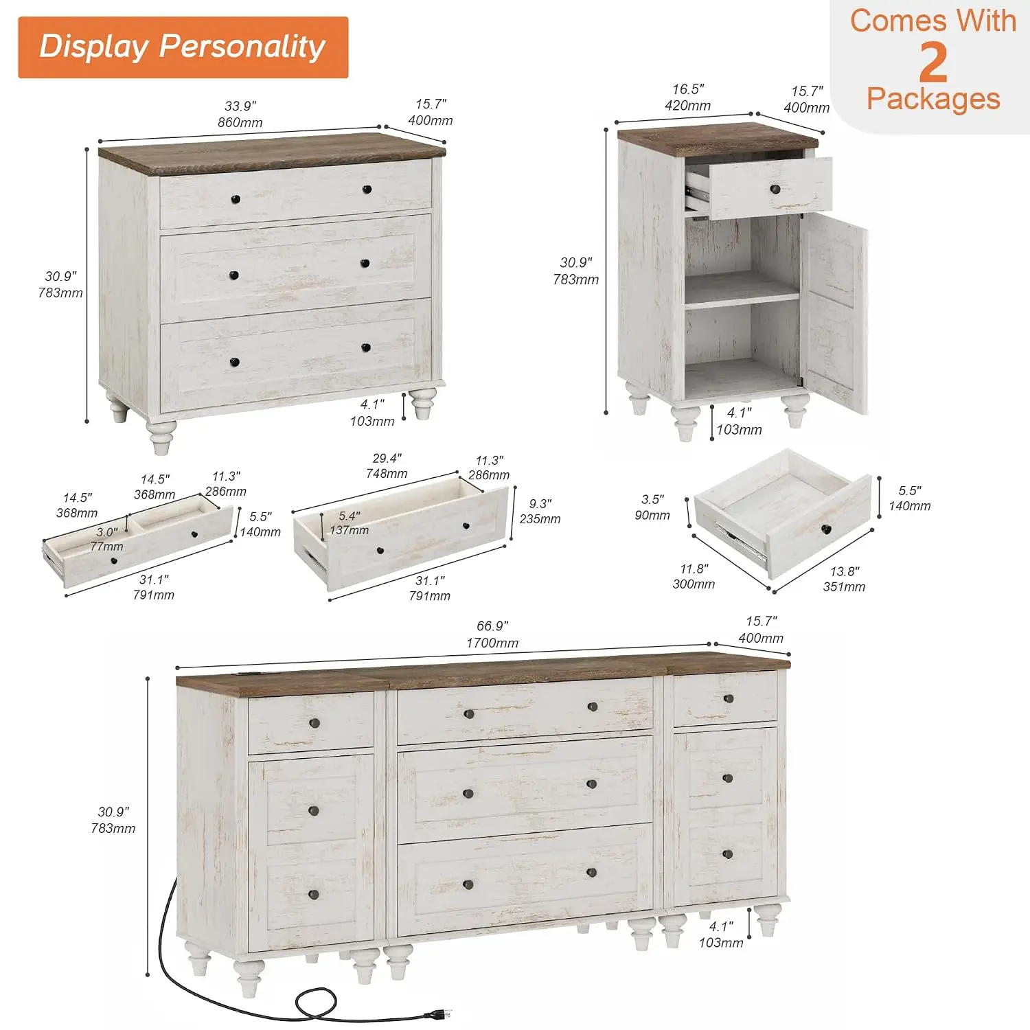 Modern TV Stand Dresser 5 Drawers 2 Doors Charging Station Living Room Bedroom 75 80 Inch Console Rustic White, Customized