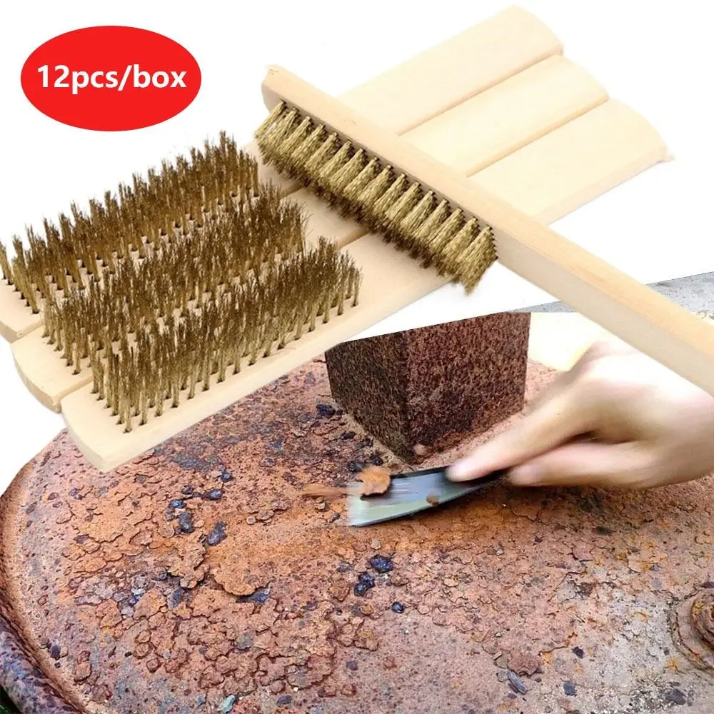 

12 шт., щетка для чистки проволоки с деревянной ручкой, медная проволока, очиститель поверхности/внутренняя поверхность, очистка краски, 6x16 рядов