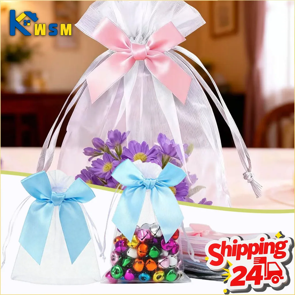 10-80Pcs Bow Organza Drawstring Bag Transparent Sheer Mesh Pouch with Ribbon Tie for Gift  Wedding Party Favor Packaging Storage