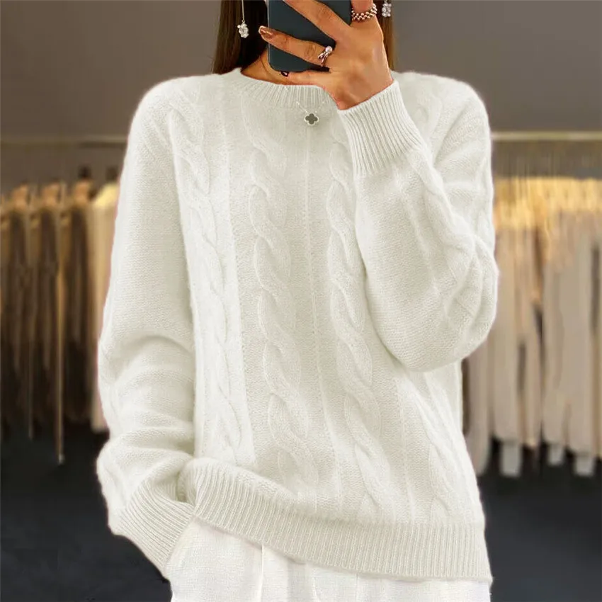 Jesień Zima Nowy Sweter z Czystej Wełny Damski All-match O-Neck Solid Color Twisted Pullover Sweater Cashmere Knitted Base Top Lady