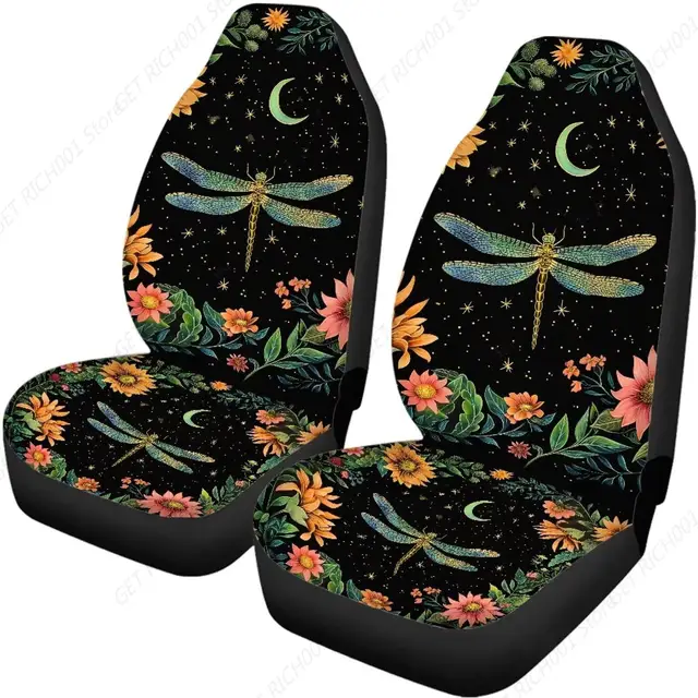 Pokrowce na siedzenia samochodu Dragonfly Moon Flower Print, nieblaknący zestaw 2-częściowych, zmywalnych, unisex