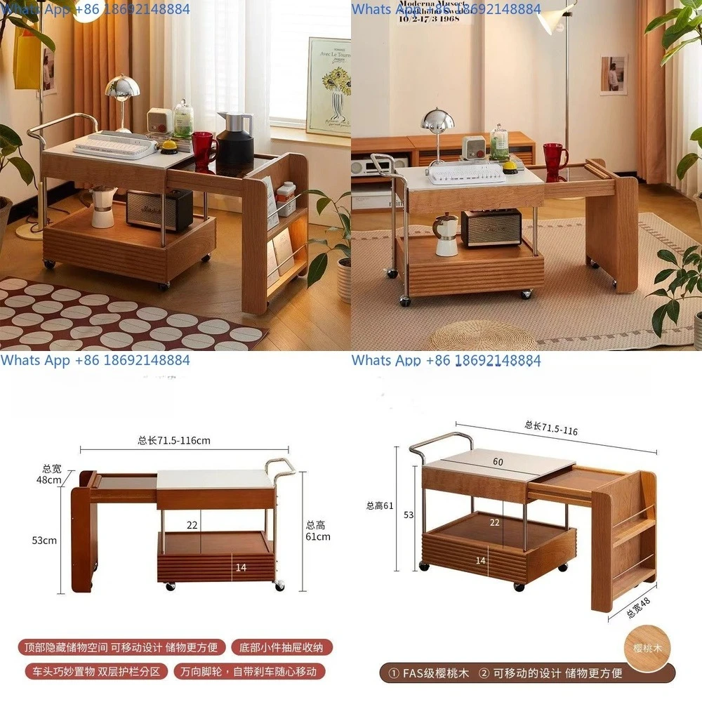 

Wooden Coffee Table Adjustable Height Japanese Style Cherry Wood Furniture Side Table Stone Top Cabinet