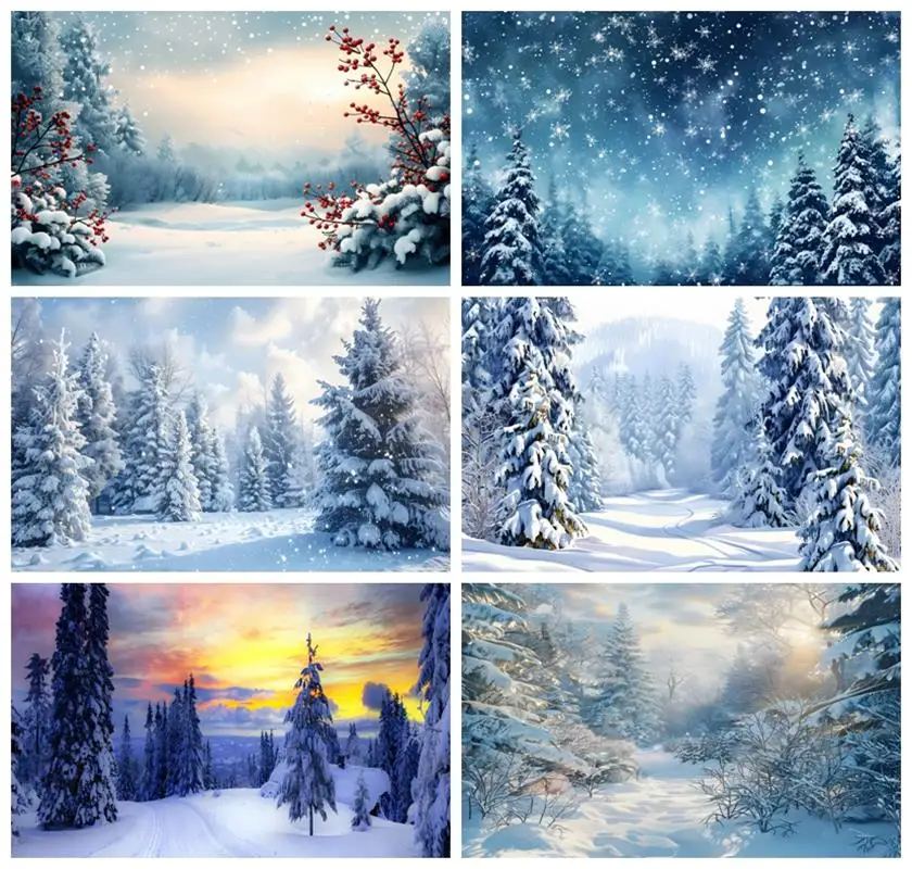 Laeacco Winter Wonderland Backdrop Snow Covered Pine Trees Winter Forest Landscape Christmas Portrait Photography Background