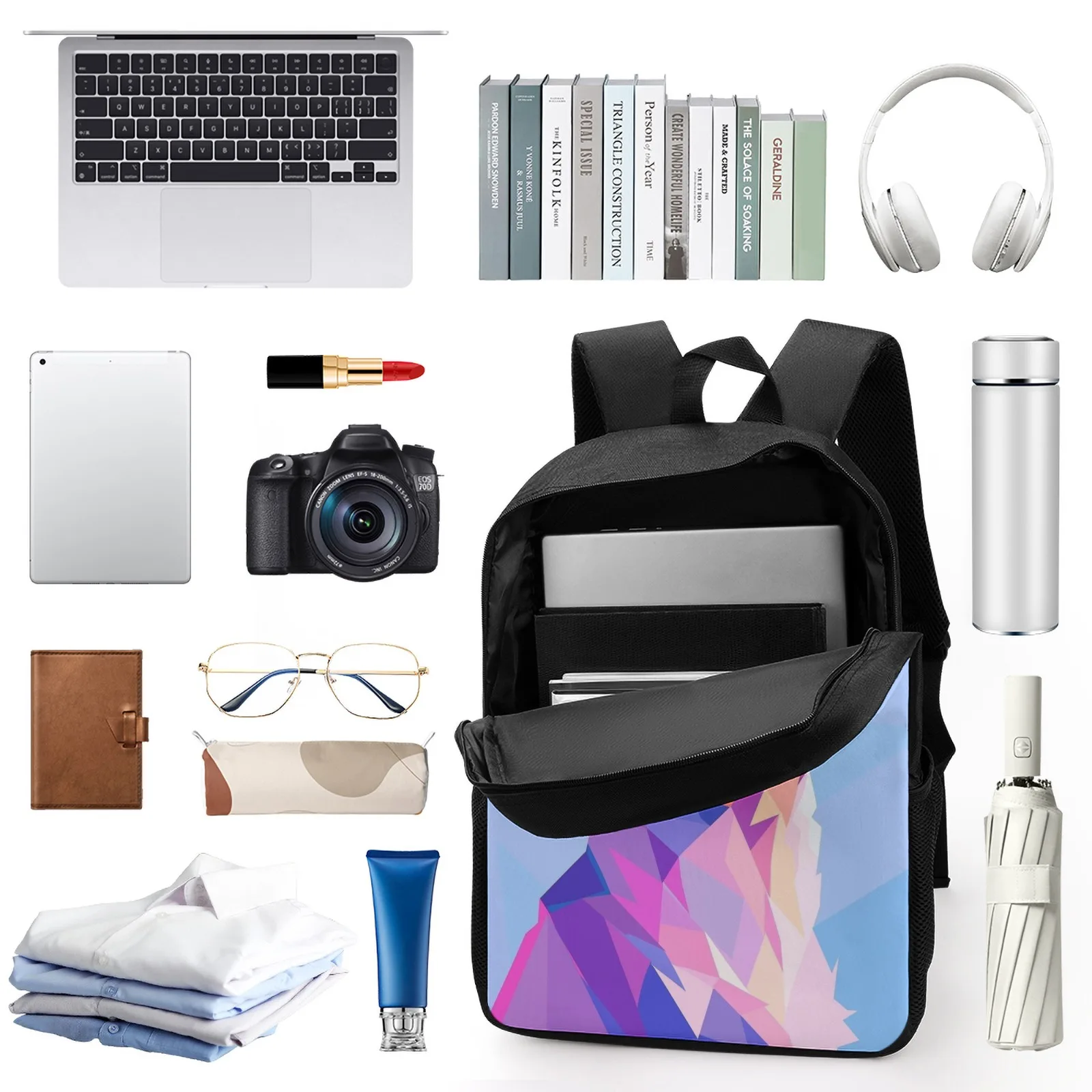 Borsa per libri stampata con faccia geometrica di Chihuahua Borsa per asilo Borsa per zaino da scuola per ragazze da 17 pollici