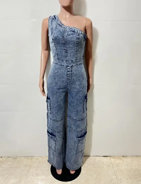 

Jumpsuit Women 2026 New Spring Solid Color Casual Slanted Shoulder Pocket Design High Waist Denim Cargo Wide Leg Jumpsuit