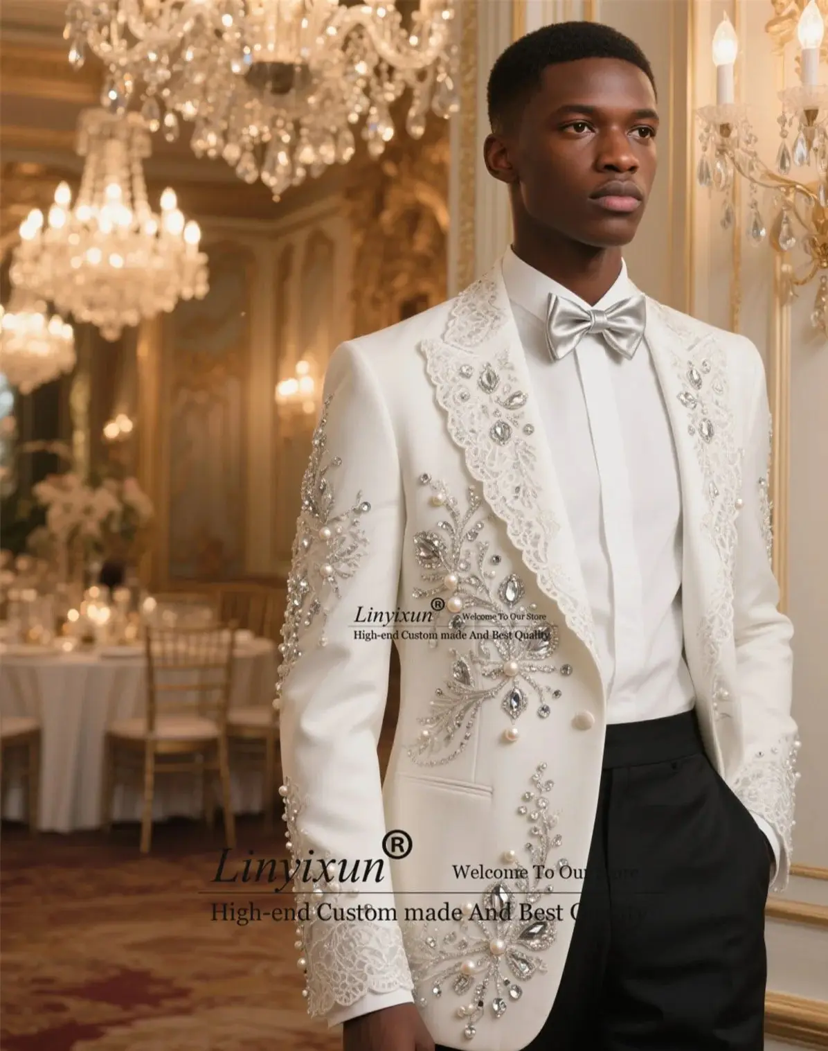 

Fashion Peaked Lapel Men Suit 2 Pieces Sets Sparkly Jewelry Gem Groom Male Prom Blazers Customized Wedding Party ropa hombre