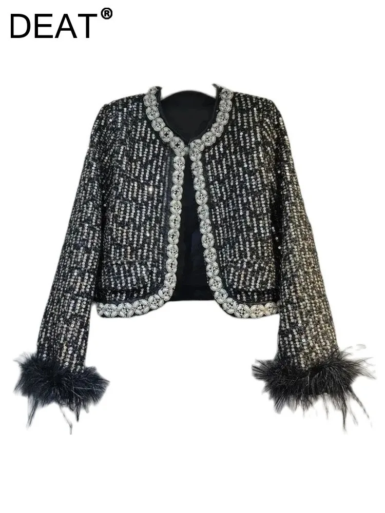 

DEAT Women's Tweed Coat French Elegant Temperament Spliced Feathers Sequins Pearls Jackets 2024 Autumn New Fashion 33A1988