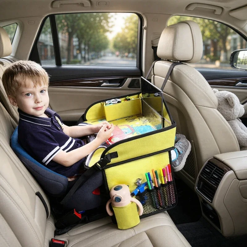 Kids Car Seat Travel Tray Made with Six Layer Waterproof Fabric and Non Slip Silicone Activity Table for Drawing or Snacks