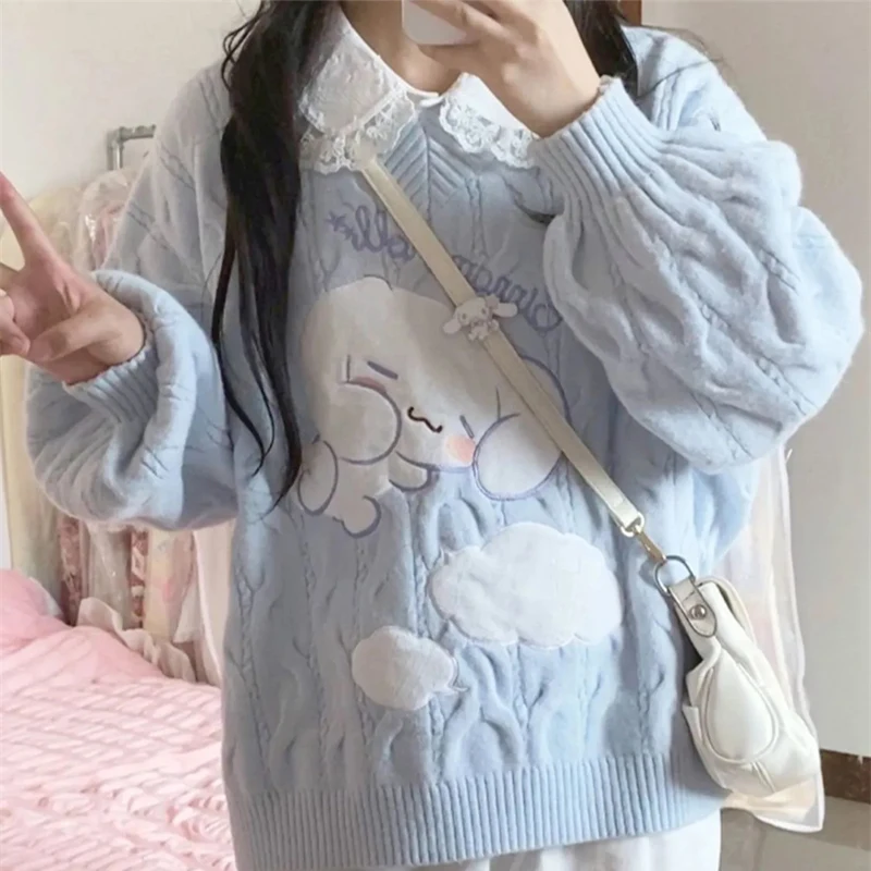 Sanrio Kawaii Cinnamoroll maglione Anime autunno e inverno ricamo a prova di freddo top interno cartone animato Pullover lavorato a maglia cappotto