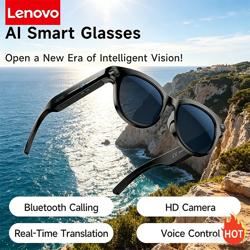

Lenovo AI Smart Glasses HD Camera LED light Translation Dialogue 290mAh Battery Meeting Video Record Outdoor Sports Sunglasses