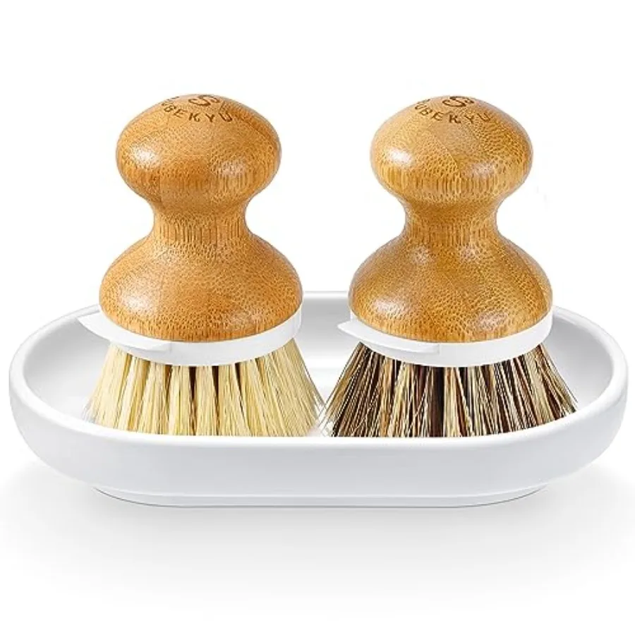 Dish Brush, Bamboo Dish Scrubber Brush Set with Tray, Natural Kitchen Dishwashing Scrub Brush for Cleaning Dishes/Pans/Pots, Bu