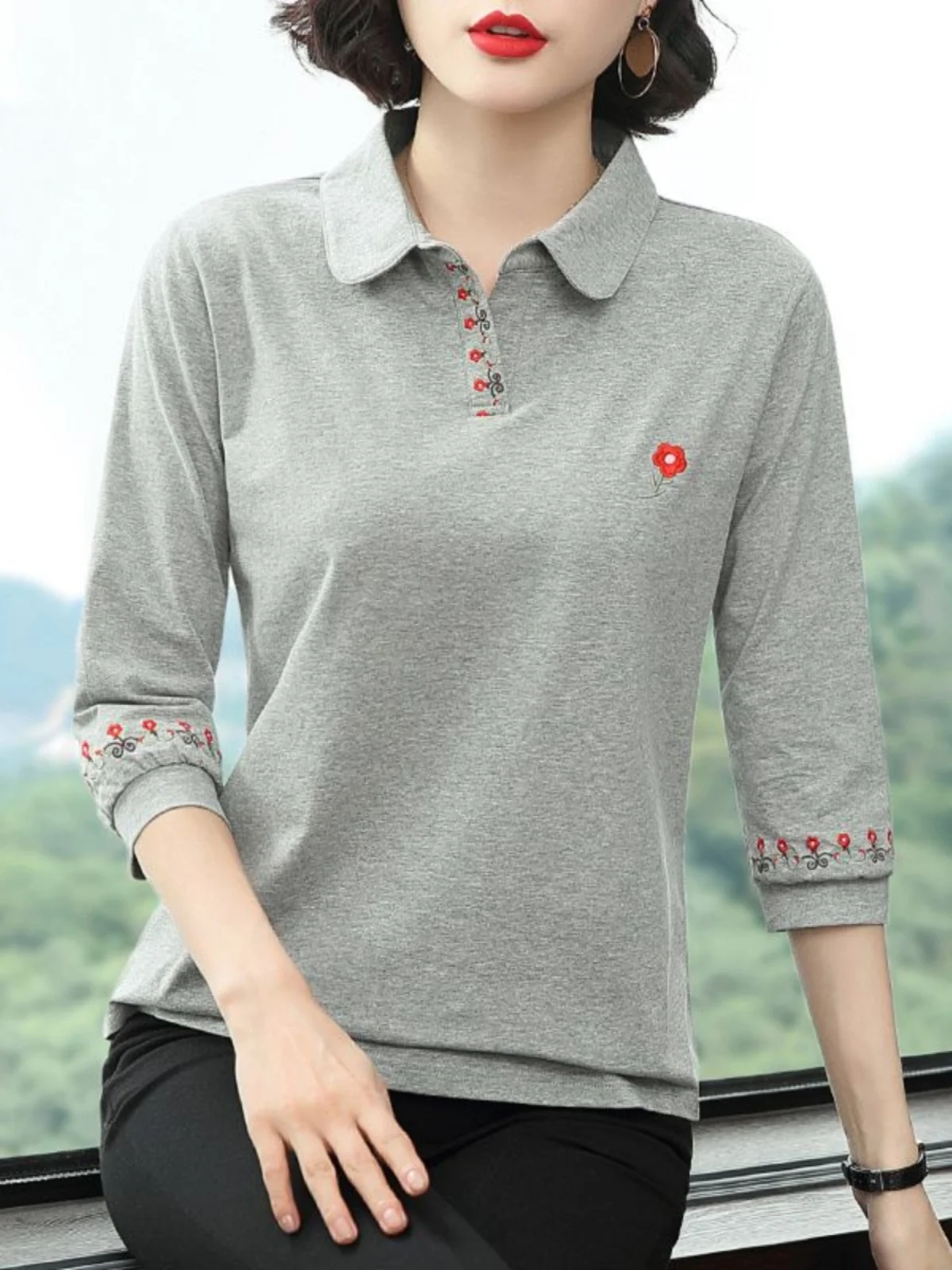 Damen-Baumwoll-T-Shirt Tee-Quarter Sve bestickter Kragen Frühling Herbst Faionable Quali Base irt mittlere Größe