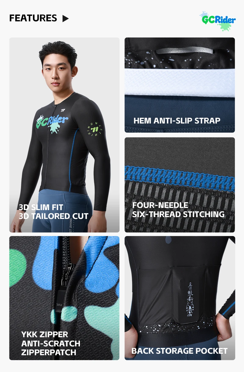 WEST BIKING Herren Fahrradtrikot Langarm Schnelltrocknend Atmungsaktiv Reflektierender Aufdruck Slim Fit Fahrradshirt Rennbekleidung Oberteil – Detail 3
