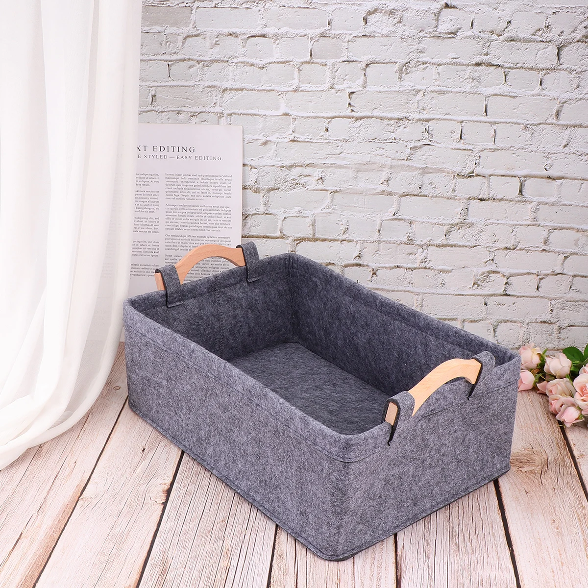 

1pc Felt Baskets Home Organization Storage Basket For Shelves Basket For Books Supplies Wood Handle Living Room Bedroom Grey