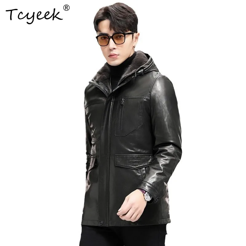 Tcyeek Real Fur Coat Men Winter Jackets for Man Goatskin Real Leather Jacket Mid-length Mink Liner Warm Coats Chaquetas Hombre
