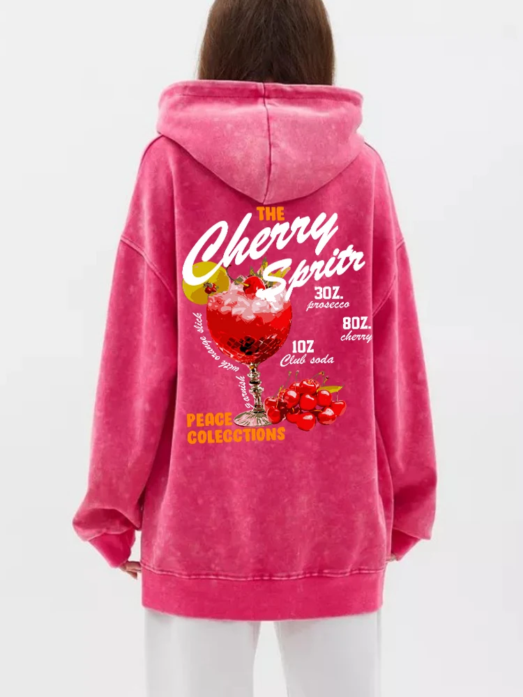 Fashion Womans Washed Hoodie The Cherry Sprits Printed Streetwears Warm Cotton Oversize Pullovers Autumn Winter Couple Clothes